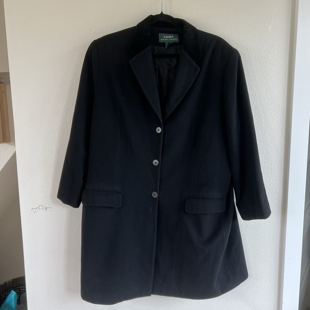 Vintage‎ Lauren Ralph Lauren Black Wool Coat Women's 18w Trench Velvet Collar